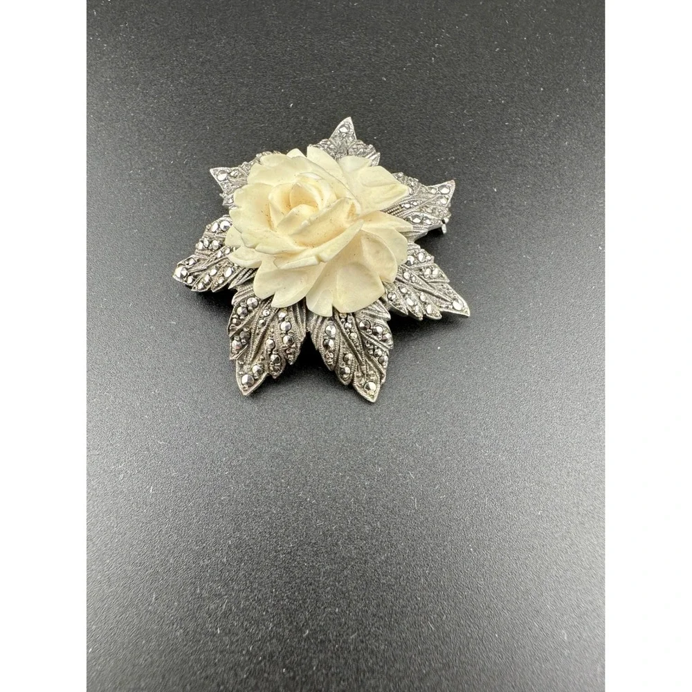 Vintage 1920s German Sterling Silver Carved Rose Marcasite Pin Brooch